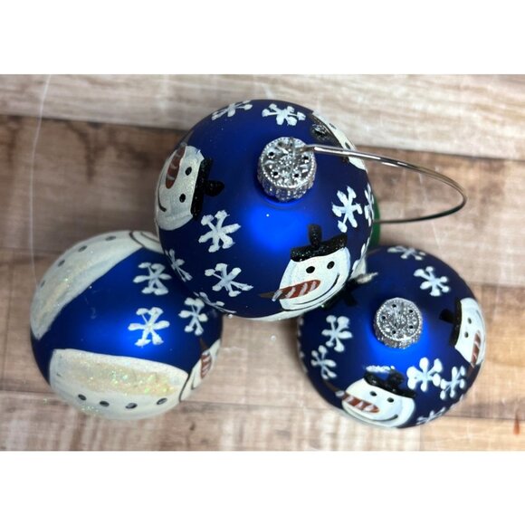 Hand-Painted Glass Snowman Christmas Ornaments Set Of 3 Blue & White Winter Holi - Picture 2 of 3